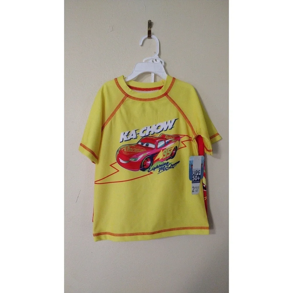 Disney Pixar Cars Lightning McQueen Rash Guard Swim Trunks Set Yellow Red 4T